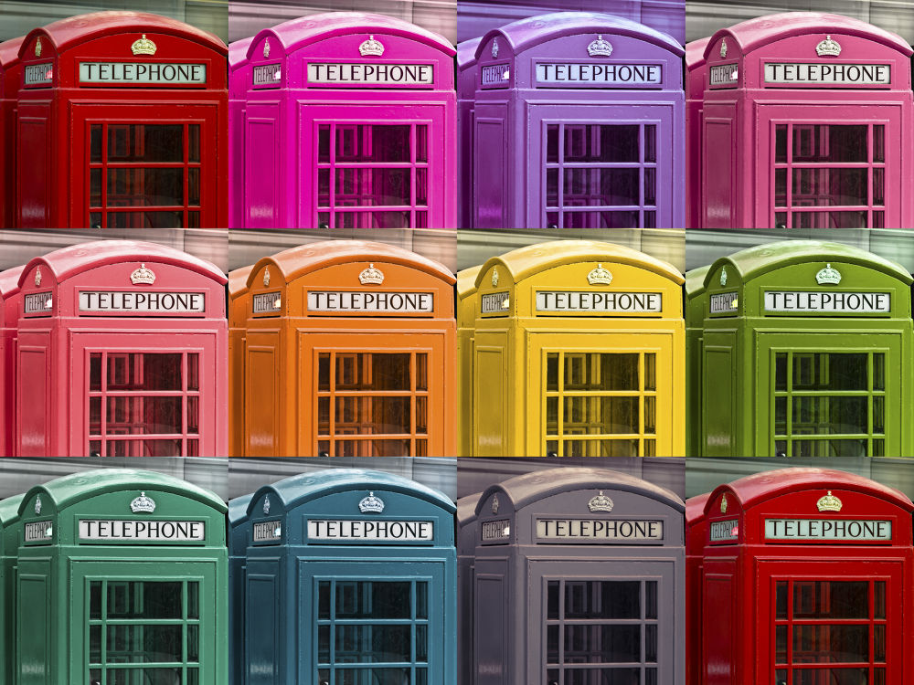 Multi coloured telephone boxes