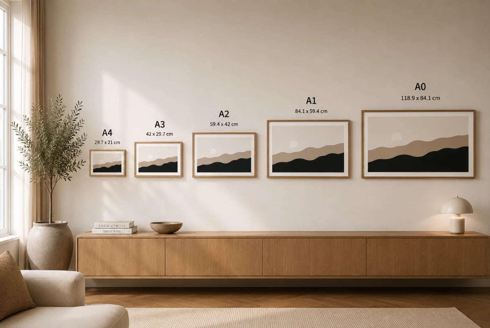 Landscape artwork sizes A4 to A0 shown together in the same living room