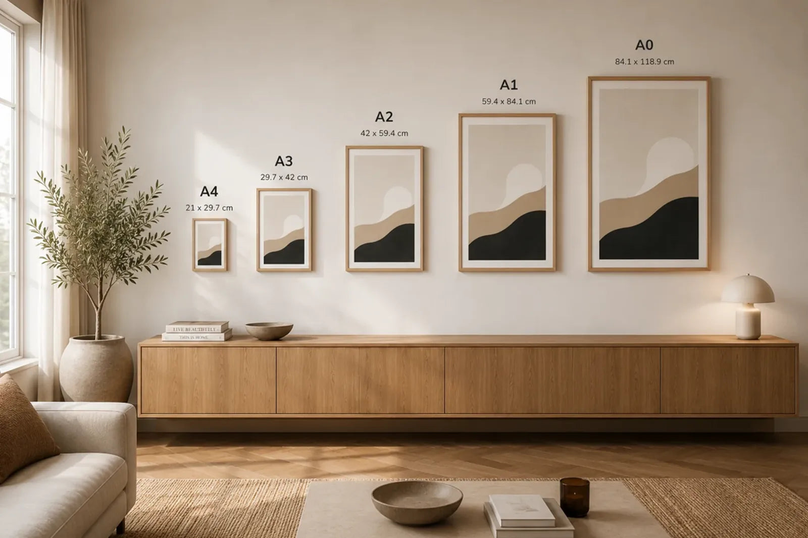 Portrait artwork sizes A4 to A0 shown together in a real living room