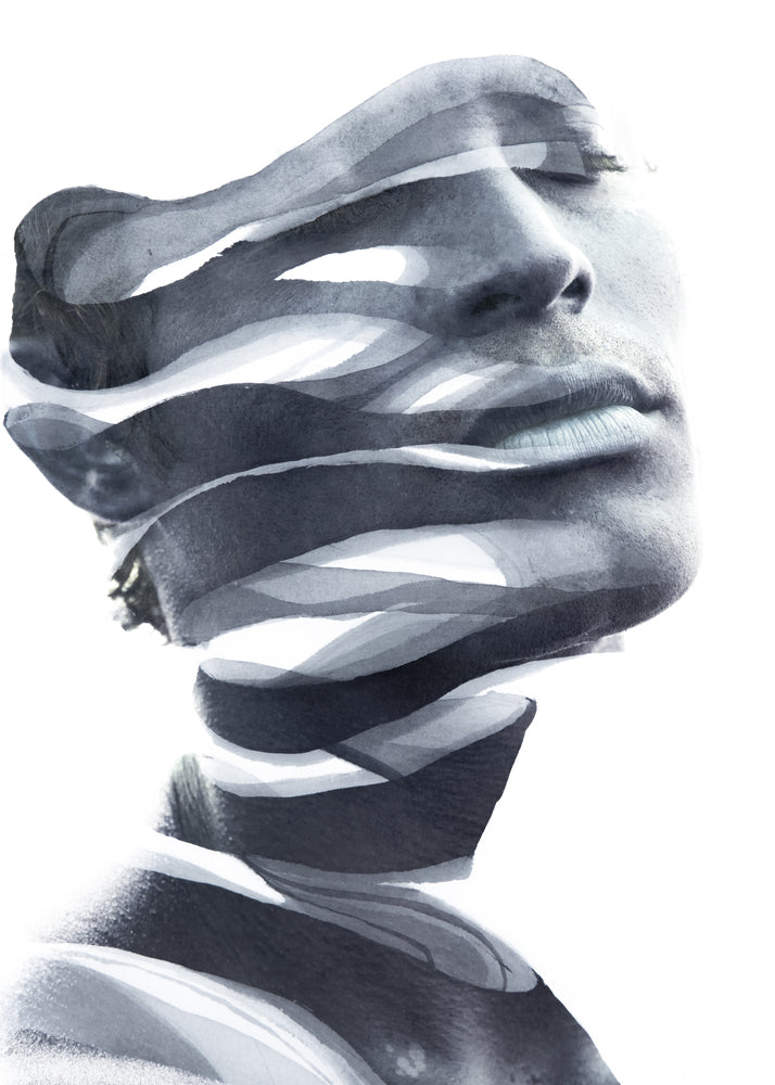 Paintography. Double Exposure portrait of an attractive man's face combined with hand drawn ink painting