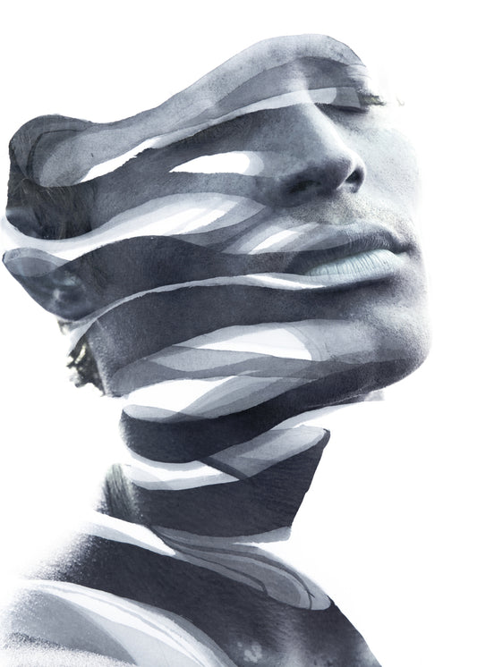 Paintography. Double Exposure portrait of an attractive man's face combined with hand drawn ink painting