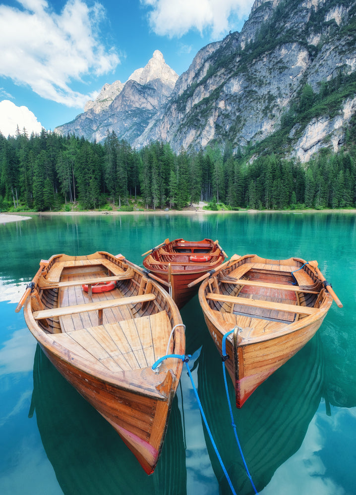 Lago di Braers lake, Dolomite Alps, Italy. Boats on the lake. Landscape in the Dolomite Alps, Italy. Pragser Wildsee - Image