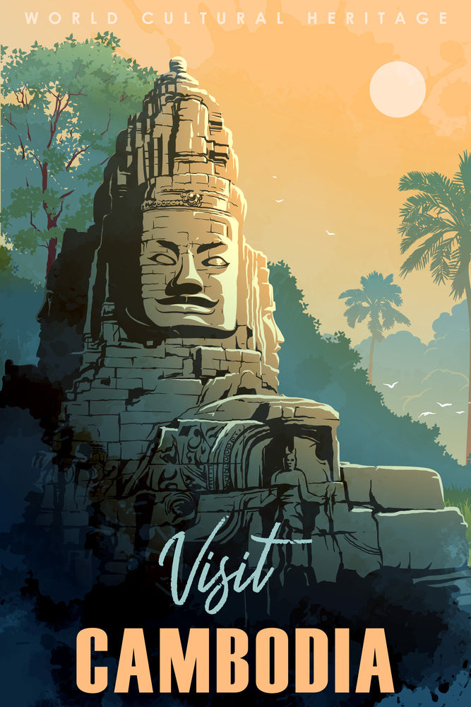 Buddha Temple in Angkor Wat, Cambodia. Vintage travel poster.
