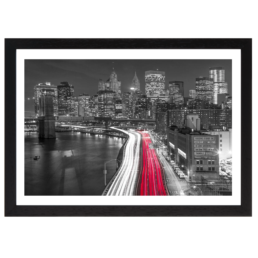 Strip lights on streets of Manhattan by east river, New York