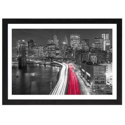 Strip lights on streets of Manhattan by east river, New York