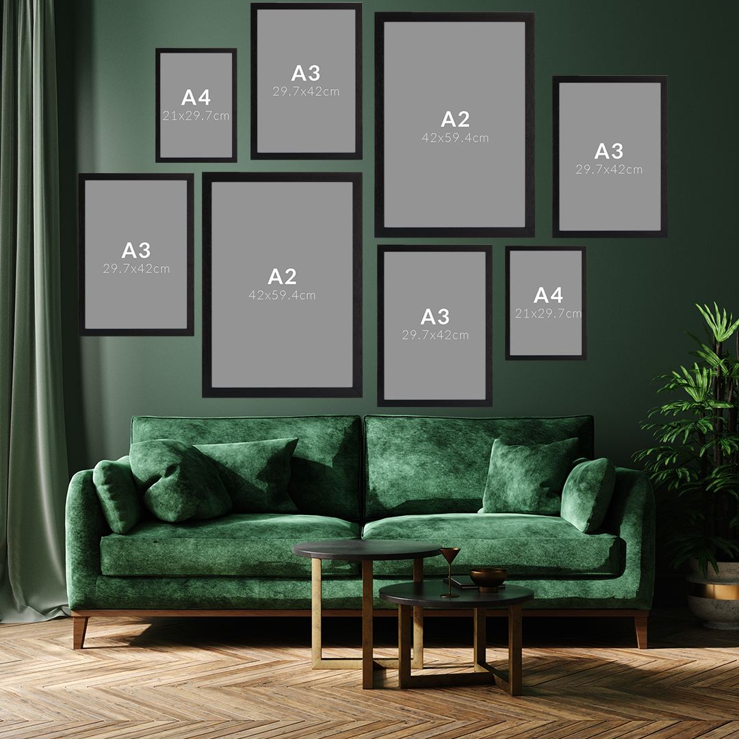 8 Piece Black Wooden Picture Frame Set, 2x A2, 4 x A3 frame & 2 x A4 f